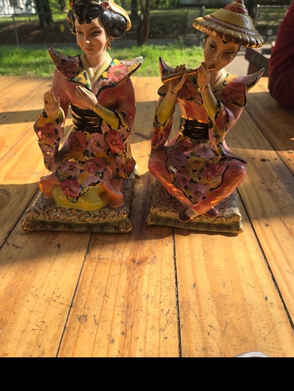 Hand-Painted Asian Ceramic Figurine Pair - Pink Floral Accent